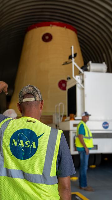 NASA image: Launch Vehicle Stage Adapter for Artemis II Moved, Prepped for Shipment